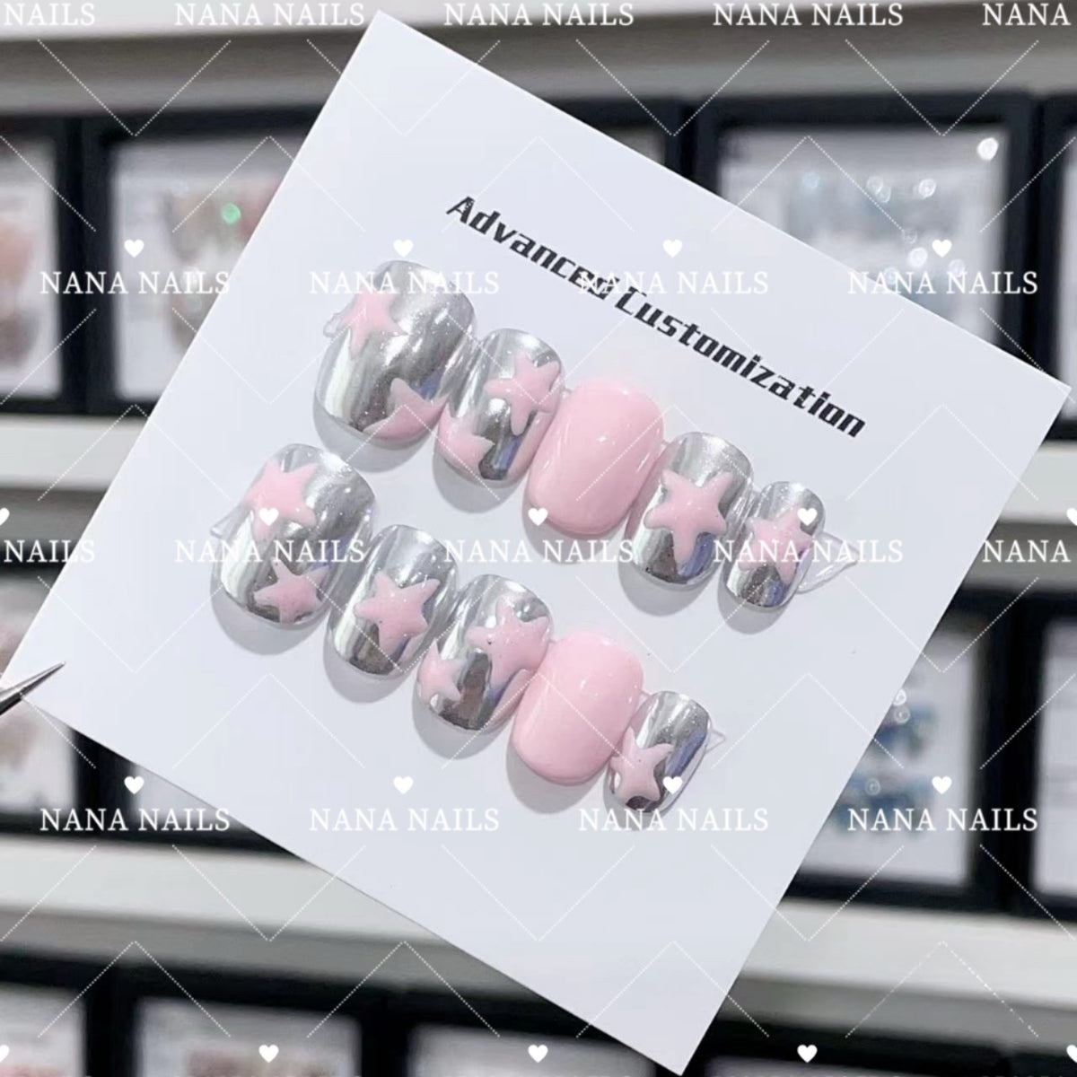 Estrellas plateado y rosa/ PRESS ON NAILS